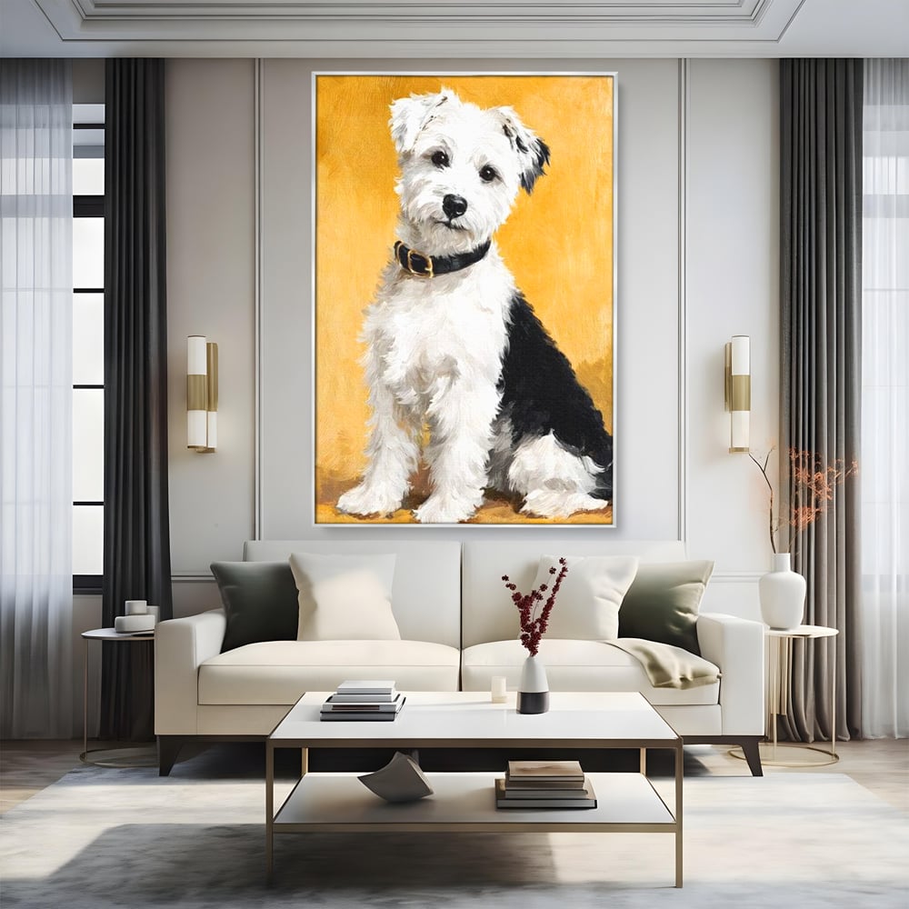 Tablou canvas cu tablou canvas cu un catel pufos, in rama de aluminiu argintiu, pe perete intr-un living